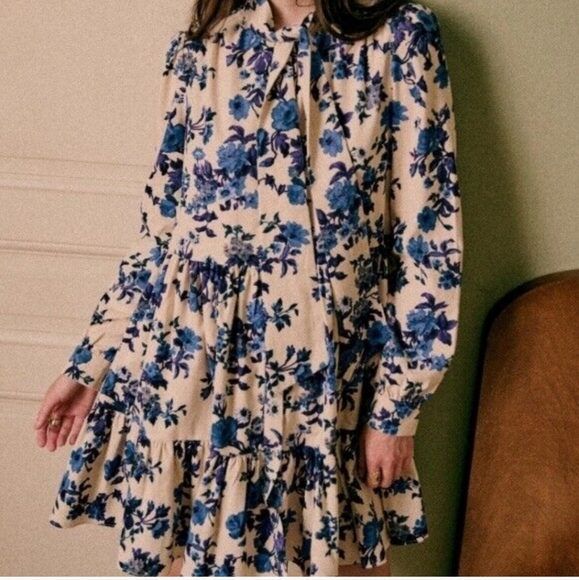 Sezane Soledad Floral Long Sleeve Dress - Blue and Cream - Picture 3 of 15